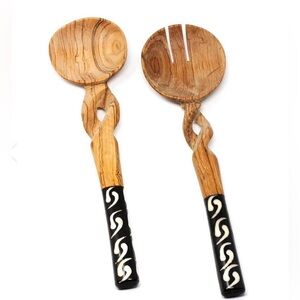 OLIVE WOOD SERVING SET, BRAIDED BATIK HANDLES